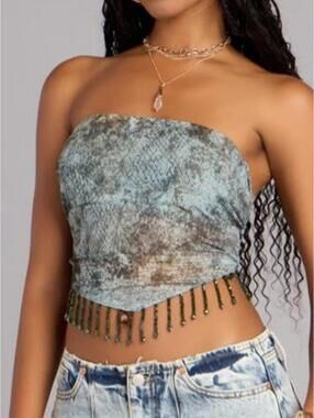 Windsor Blue and brown snake print tube top with fringe and beads